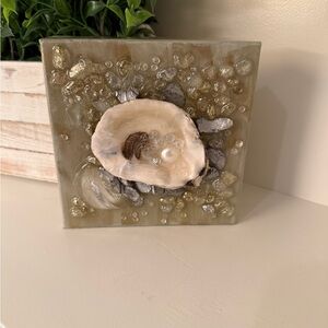 Oyster Art Piece Coated in Clear Resin -w/Shells, Stones, and Faux Pearl